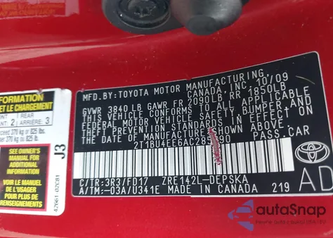 2010 Toyota Corolla S z USA, uszkodzony, nr VIN 2T1BU4EE6AC285190